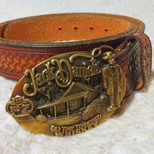 Silver Creek Basket-Weave Leather Belt Sz 50 w/ Jack Daniel’s Brass Buckle